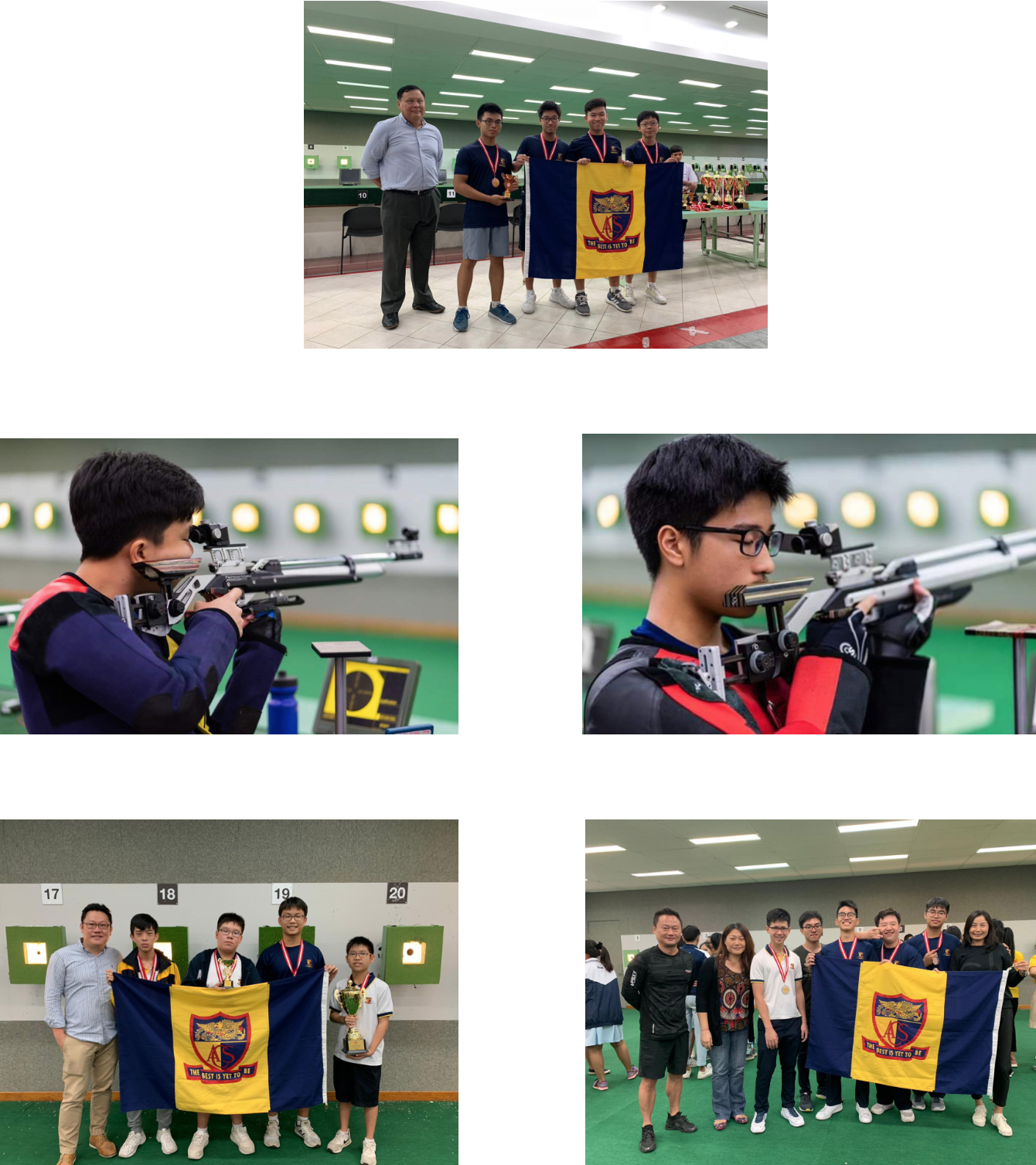 Five photos of students at a shooting range, aiming rifles and posing with medals and a yellow school flag.